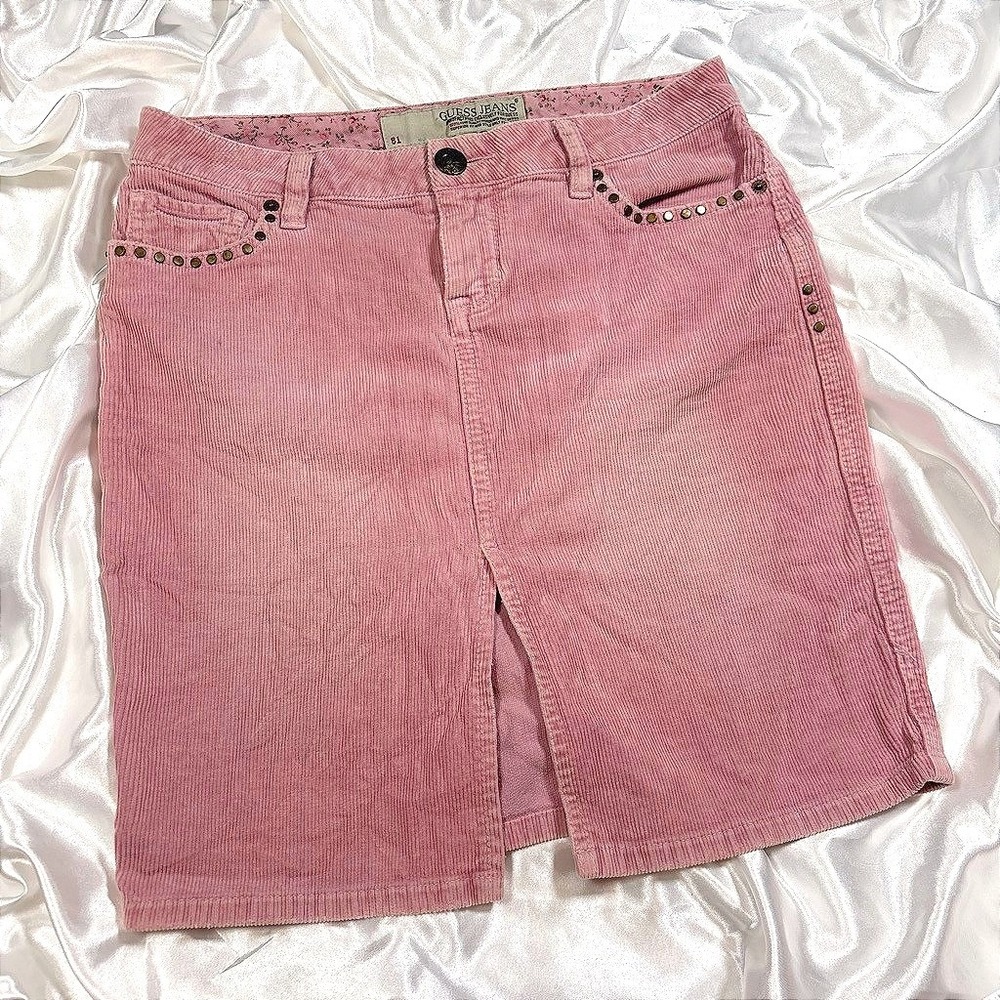 y2k Guess Corduroy Mini Skirt Pink Good Studded Western Boho Stretch 26
